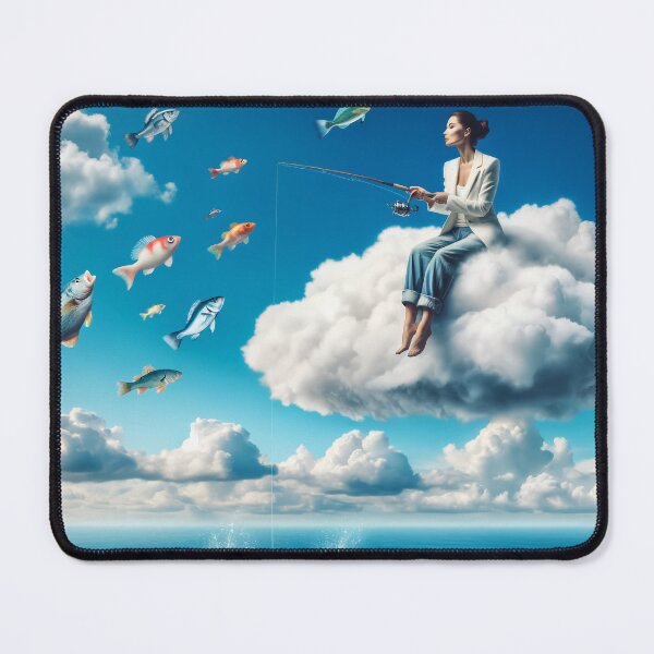 Item preview, Woman fishing from a cloud above the ocean, with fish flying around her like birds designed and sold by AndreaMart.