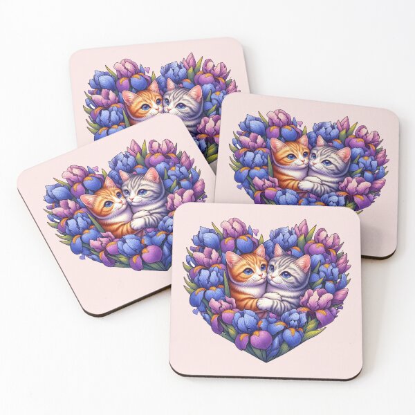 Item preview, Iris Orchids Flowers Tabby Kittens Love Heart Drawing Illustration Cats designed and sold by CoffeeIsATrip.