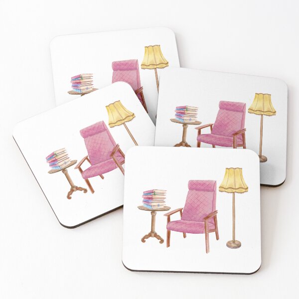 Item preview, Watercolor pink chair, book table with a stack of books and a lamp designed and sold by AnastasiaUrsu.