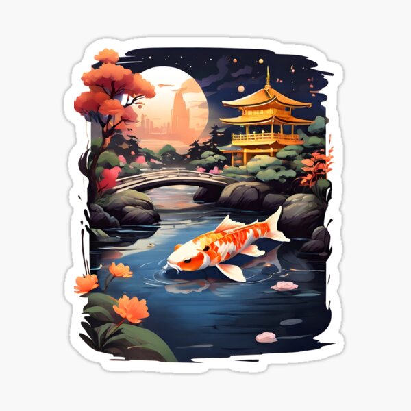 Japanese Aesthetics: Serene River Landscape, Japanese Fish Art Sticker