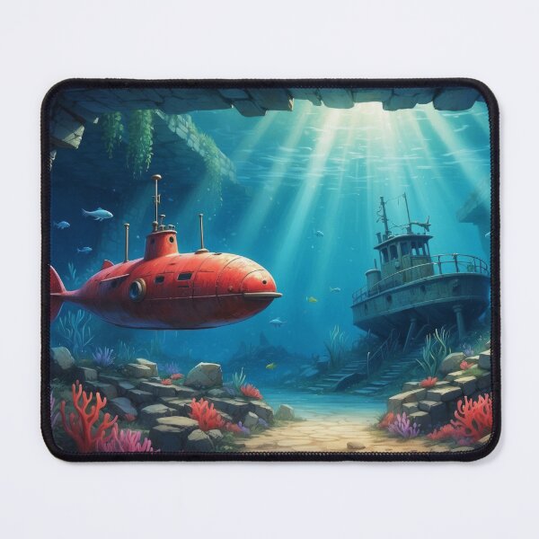 Item preview, Underwater scene of little red submarine swims through old ruins and sunken ship lying at the bottom of the sea. Lots of seaweed,corals and falling rays of lights designed and sold by Andrey-Myagkov.