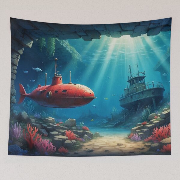 Item preview, Underwater scene of little red submarine swims through old ruins and sunken ship lying at the bottom of the sea. Lots of seaweed,corals and falling rays of lights designed and sold by Andrey-Myagkov.