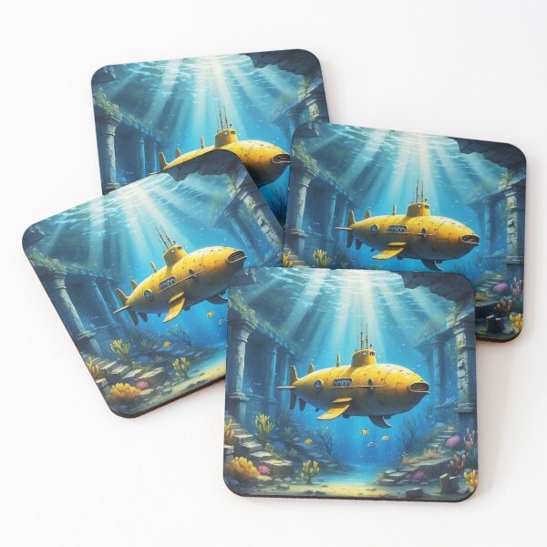 Item preview, Underwater scene of little yellow submarine swims through old ruins and sunken ship lying at the bottom of the sea. Lots of seaweed,corals and falling rays of lights designed and sold by Andrey-Myagkov.