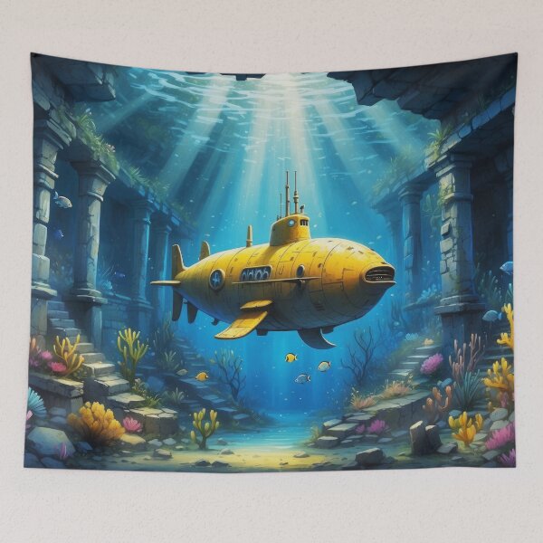 Item preview, Underwater scene of little yellow submarine swims through old ruins and sunken ship lying at the bottom of the sea. Lots of seaweed,corals and falling rays of lights designed and sold by Andrey-Myagkov.