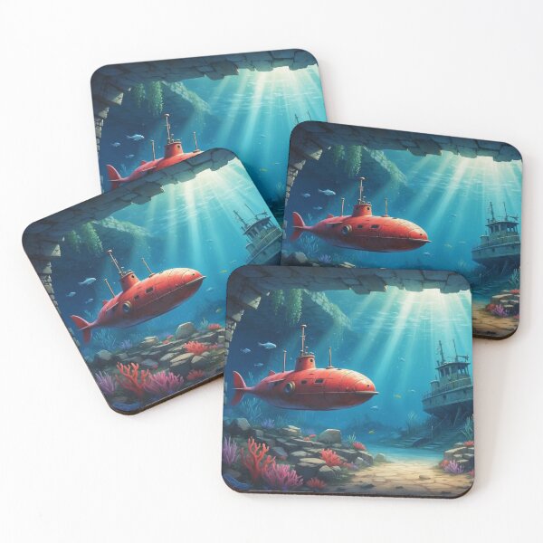 Item preview, Underwater scene of little red submarine swims through old ruins and sunken ship lying at the bottom of the sea. Lots of seaweed,corals and falling rays of lights designed and sold by Andrey-Myagkov.