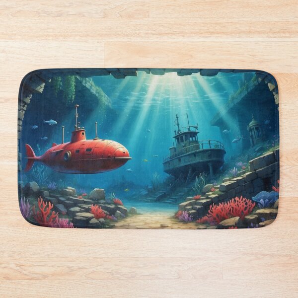 Item preview, Underwater scene of little red submarine swims through old ruins and sunken ship lying at the bottom of the sea. Lots of seaweed,corals and falling rays of lights designed and sold by Andrey-Myagkov.