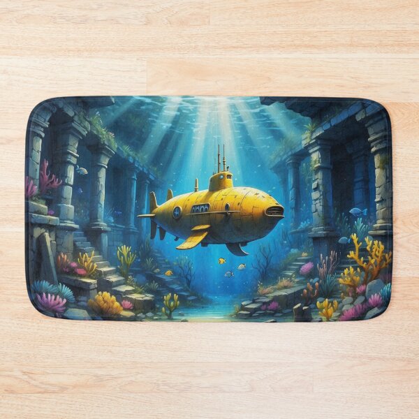 Item preview, Underwater scene of little yellow submarine swims through old ruins and sunken ship lying at the bottom of the sea. Lots of seaweed,corals and falling rays of lights designed and sold by Andrey-Myagkov.