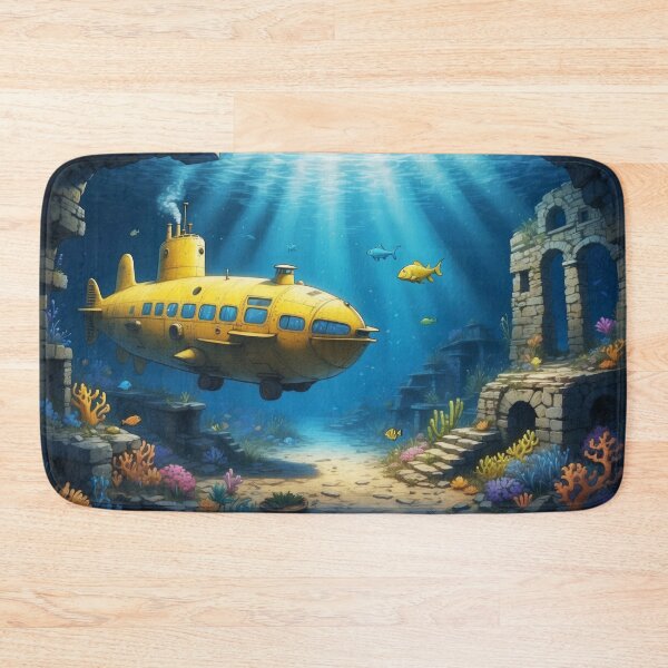 Item preview, Underwater scene of little yellow submarine swims through old ruins and sunken ship lying at the bottom of the sea. Lots of seaweed,corals and falling rays of lights designed and sold by Andrey-Myagkov.