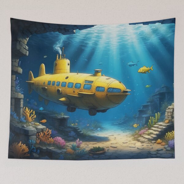 Item preview, Underwater scene of little yellow submarine swims through old ruins and sunken ship lying at the bottom of the sea. Lots of seaweed,corals and falling rays of lights designed and sold by Andrey-Myagkov.