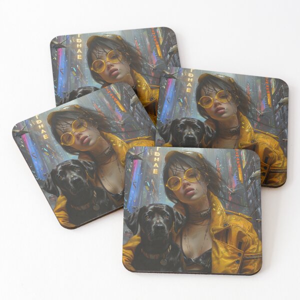 Item preview, Cyberpunk girl with mustard jacket posing with her black lab designed and sold by daywithoutlight.