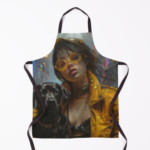 Item preview, Cyberpunk girl with mustard jacket posing with her black lab designed and sold by daywithoutlight.