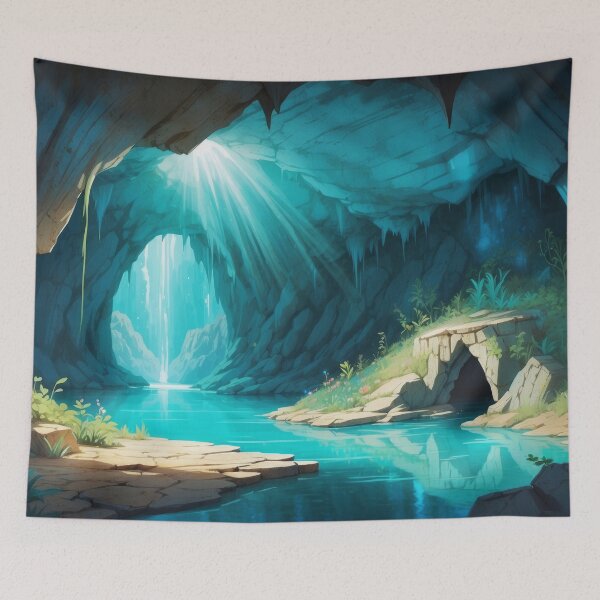 Item preview, Awesome beauty cave river in a grottos.Falling rays oа light. Sketch art painting style designed and sold by Andrey-Myagkov.