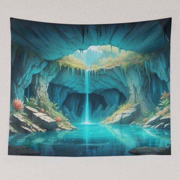 Item preview, Awesome beauty waterfall with cave river in a turquoise grottos.Sketch art painting style designed and sold by Andrey-Myagkov.