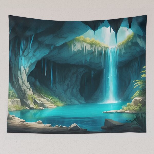 Item preview, Awesome beauty waterfall with cave river in a turquoise grottos.Sketch art painting style designed and sold by Andrey-Myagkov.
