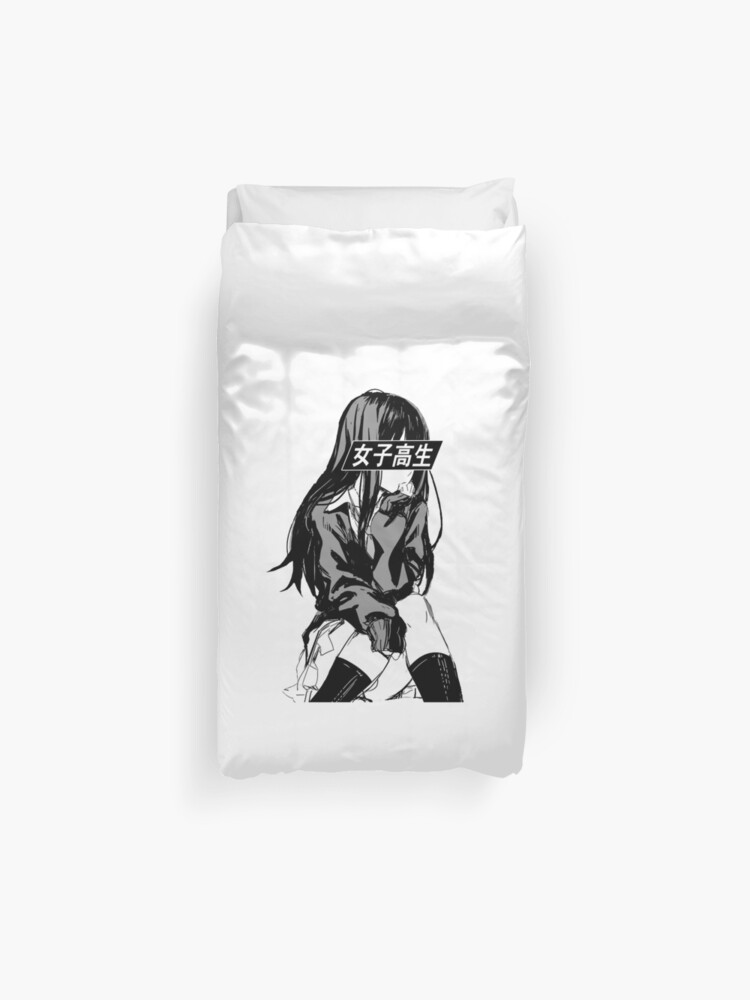 Schoolgirl Black And White Sad Anime Japanese Aesthetic Duvet Cover