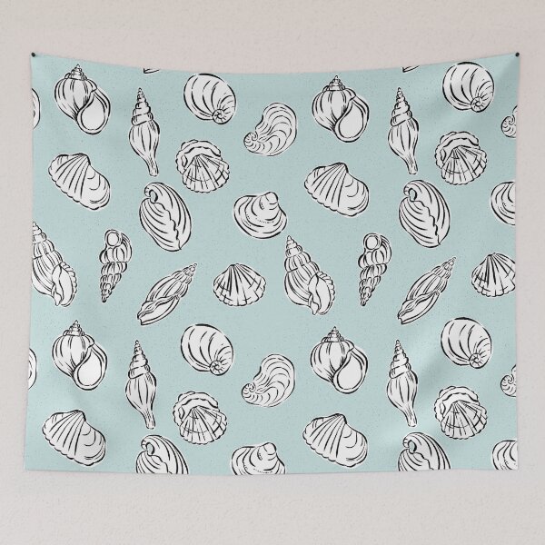 Item preview, Seashells ink drawing on blue background  designed and sold by helga-wigandt.