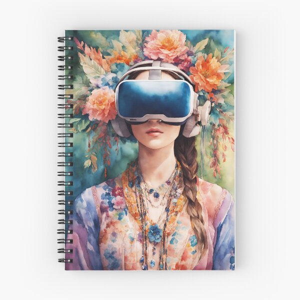Item preview, watercolor of a woman wearing a virtual reality headset surrounded by flowers designed and sold by soulfulpalette.