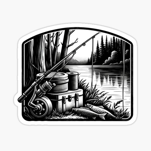 Vista previa del artículo con la obra «Pegatinas de aventuras de camping: Delicia del pescador junto al lago», diseñado y vendido por LuximShop.