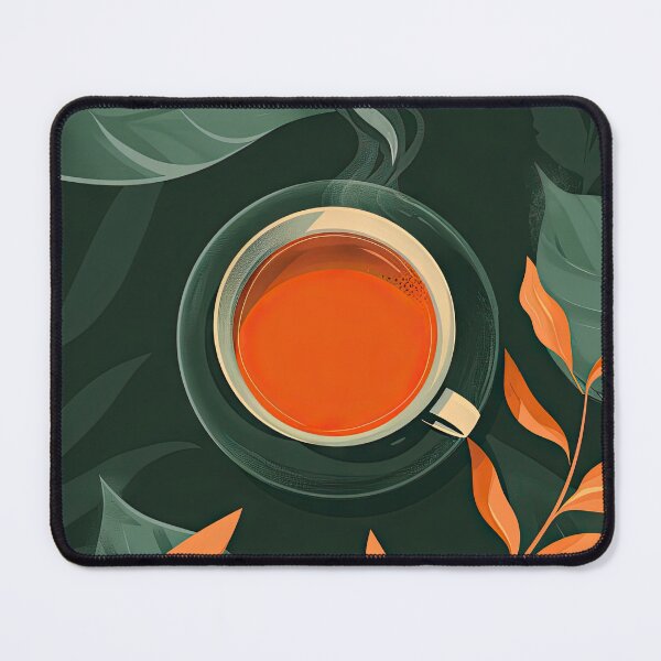 Item preview, Cup of aromatic tea surrounded by vibrant leaves on dark green background designed and sold by Jerhus.