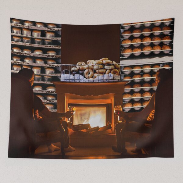 Item preview, Surreal Collage Art Print - Toasty: Cozy Fireside Wine & Fresh Bread in Orange Glow designed and sold by GollyWillikers.