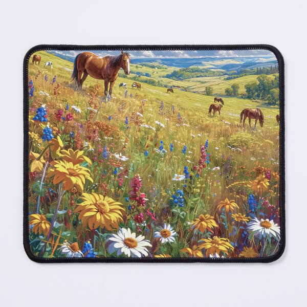 Item preview, Untamed beauty of wild horses roaming a floral landscape designed and sold by iguananick.