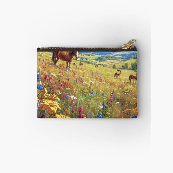 Item preview, Untamed beauty of wild horses roaming a floral landscape designed and sold by iguananick.