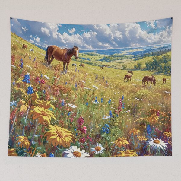 Item preview, Untamed beauty of wild horses roaming a floral landscape designed and sold by iguananick.