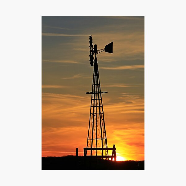 Kansas Golden Sunset with a Windmill silhouette Photographic Print