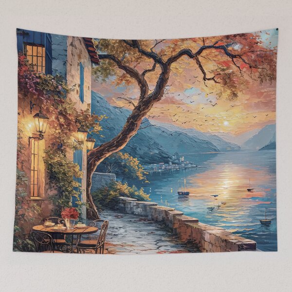 Item preview, Quaint Terrace by an Italian lake at sunset designed and sold by iguananick.
