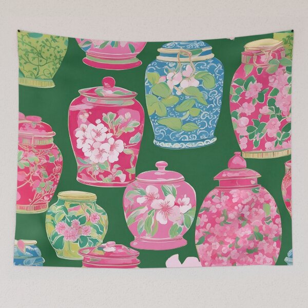 Item preview, Chinoiserie jars on green designed and sold by SophieClimaArt.