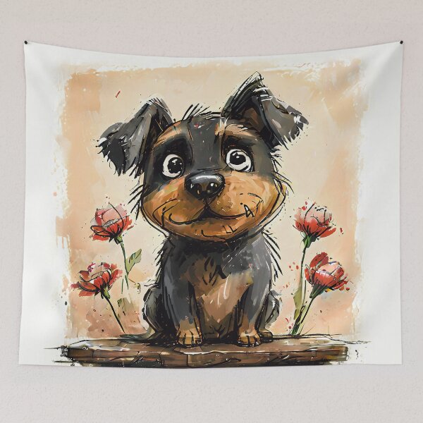 Item preview, A painting of a cute black and brown dog in a garden designed and sold by budhapix.