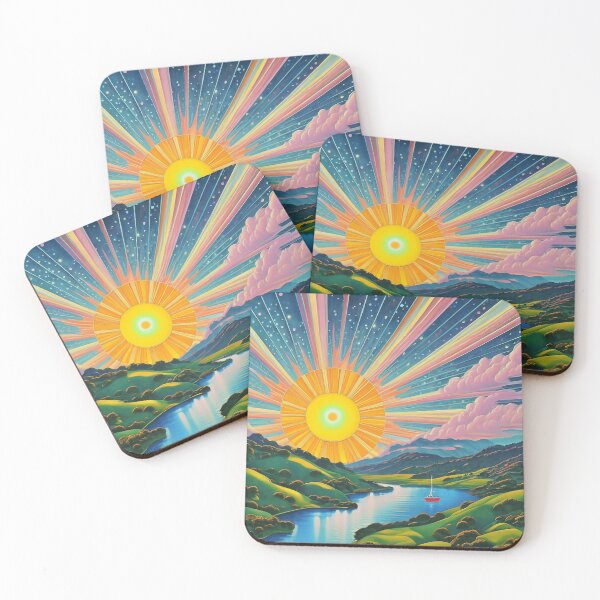 Item preview, Multi Color Sun with Bright Rays and Lake - Vivid Colors - Mod Style 60's 70's Retro designed and sold by Loving Nature Gifts.