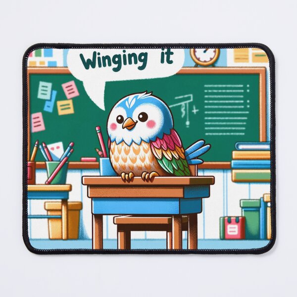 Item preview, Playful Attitude: Cartoon-Style Bird Seated at a Miniature School Desk designed and sold by Mugs and Shirts.