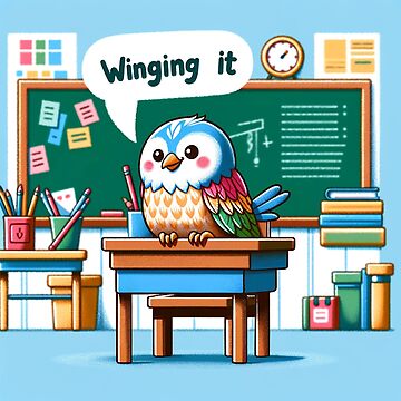 Artwork thumbnail, Playful Attitude: Cartoon-Style Bird Seated at a Miniature School Desk by Mugs and Shirts