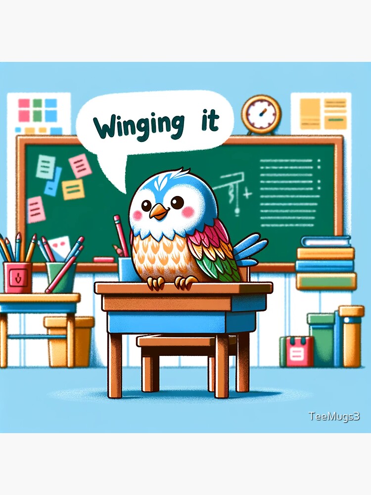 Thumbnail 3 of 3, Sticker, Playful Attitude: Cartoon-Style Bird Seated at a Miniature School Desk designed and sold by TeeMugs3.