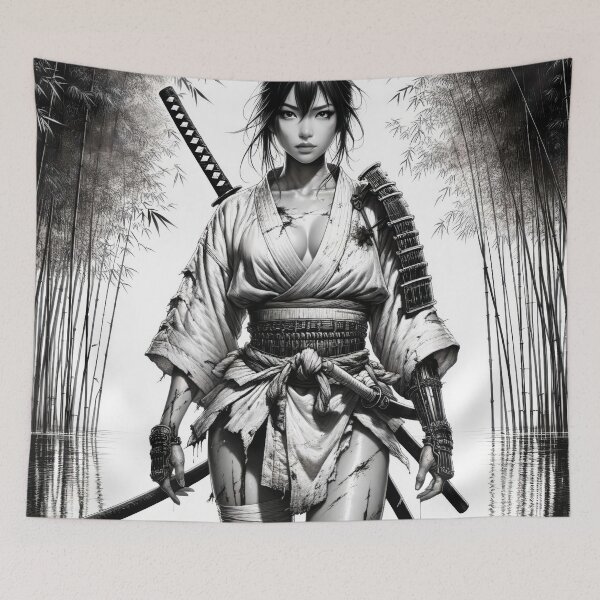 Item preview, Female Samurai Wading in Bamboo Waters | Black and White Wall Art designed and sold by eatmorvelopator.