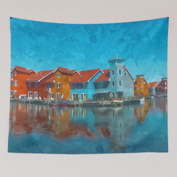 Item preview, Colorful waterfront houses in watercolor designed and sold by Intermundium.