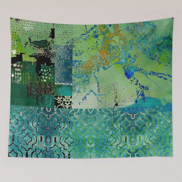 Item preview, Damask Fields Abstract Collage, Teal, Turquoise, Sage, Navy designed and sold by Sheree Burlington.