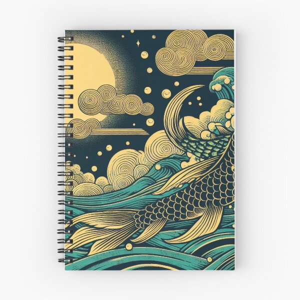 Item preview, Japanes Woodblock of A Carp Climbing A Wave In The Moonlight designed and sold by EdgyEdgeArt.