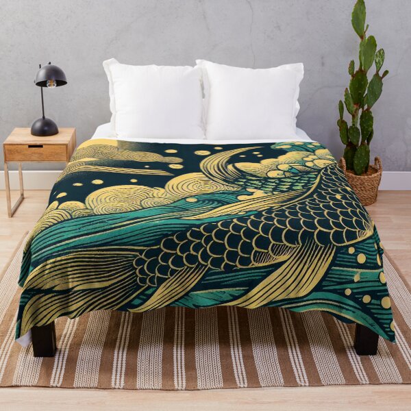 Item preview, Japanes Woodblock of A Carp Climbing A Wave In The Moonlight designed and sold by EdgyEdgeArt.