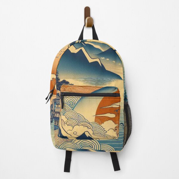 Item preview, Japanese Woodblock of Blue Lake, Mountains At Sunset designed and sold by EdgyEdgeArt.