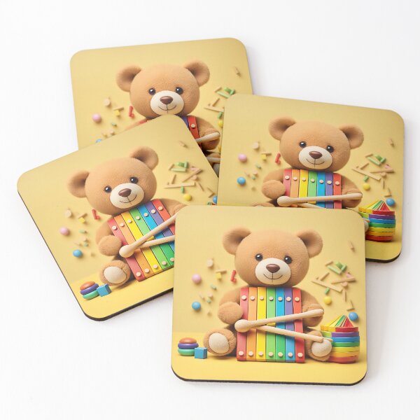 Item preview, Educational kids toys collection. Teddy bear, wood rainbow, xylophone, wooden educational baby toys on yellow background. Front view designed and sold by Super-Fox.