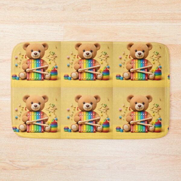 Item preview, Educational kids toys collection. Teddy bear, wood rainbow, xylophone, wooden educational baby toys on yellow background. Front view designed and sold by Super-Fox.