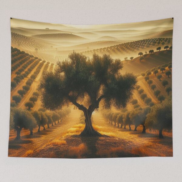 Item preview, An ancient olive tree stands resilient in the foreground, shrouded in mist designed and sold by EdgyEdgeArt.