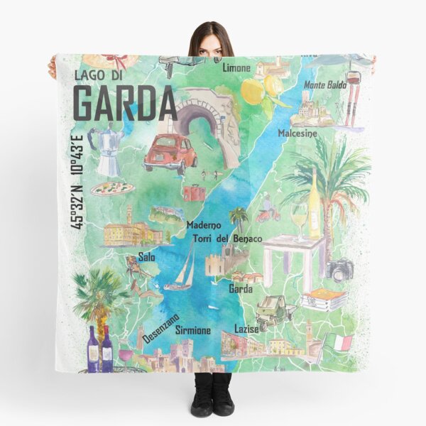 Vista previa del artículo con la obra «Mapa ilustrado del lago de Garda, Italia, con carreteras y lugares turísticos destacados», diseñado y vendido por artshop77.