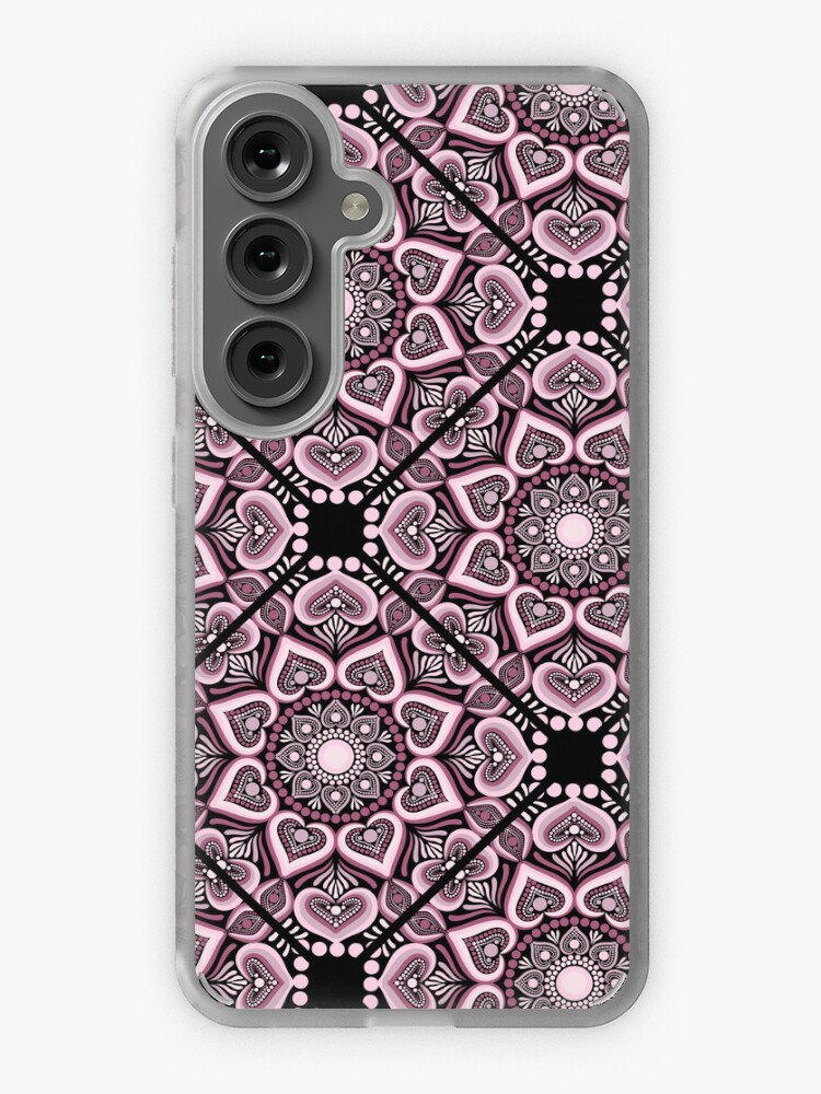 Samsung Galaxy Phone Case, Dusky Rose Hearts in Flowers Forever Dot Mandala Diamond Tile Pattern designed and sold by Triplicate Limited