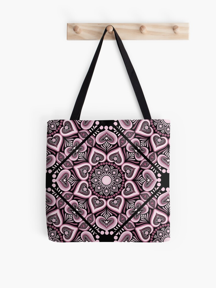 Tote Bag, Dusky Rose Hearts in Flowers Forever Dot Mandala Diamond Tile Pattern designed and sold by Triplicate Limited