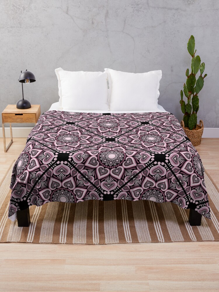 Throw Blanket, Dusky Rose Hearts in Flowers Forever Dot Mandala Diamond Tile Pattern designed and sold by Triplicate Limited