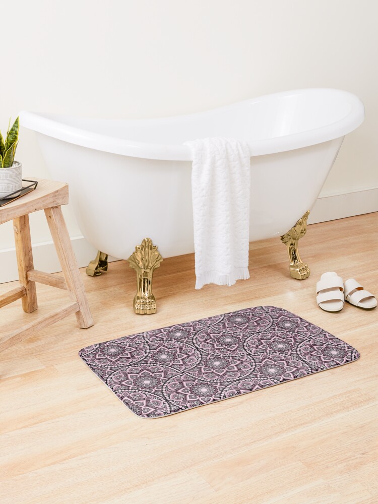 Bath Mat, Dusky Rose Hearts Forever Dot Mandala Mirrored Scallop designed and sold by Triplicate Limited