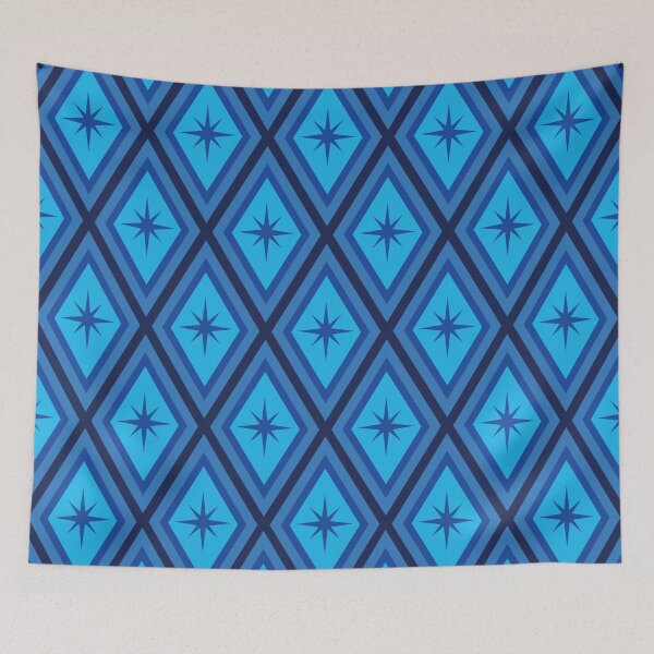 Item preview, Mid Century Atomic Starbursts on Harlequin diamonds in navy blue and turquoise  designed and sold by Yasminepatterns .